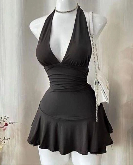 Luolandi Cute Black V Neck Halter Sleeveless Short Homecoming Dress Simple Mini Summer Party Dress