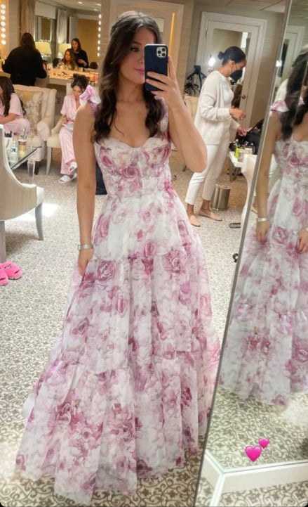 Luolandi Cute Chiffon Floral Print Prom Dress Long Evening Gown Charming Party Dress