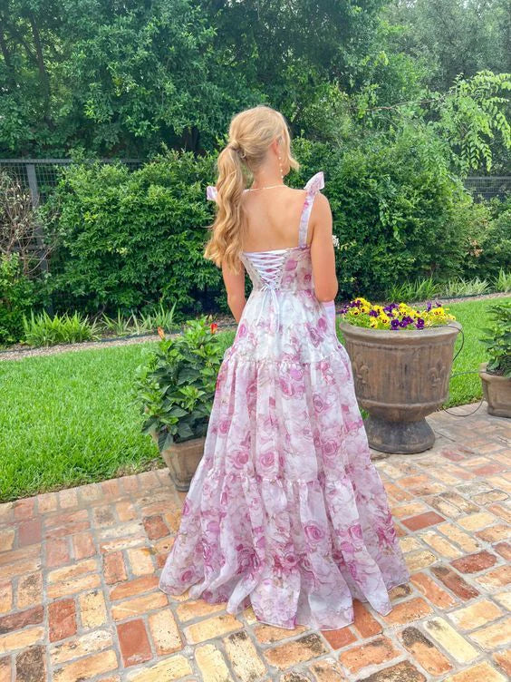 Luolandi Cute Chiffon Floral Print Prom Dress Long Evening Gown Charming Party Dress