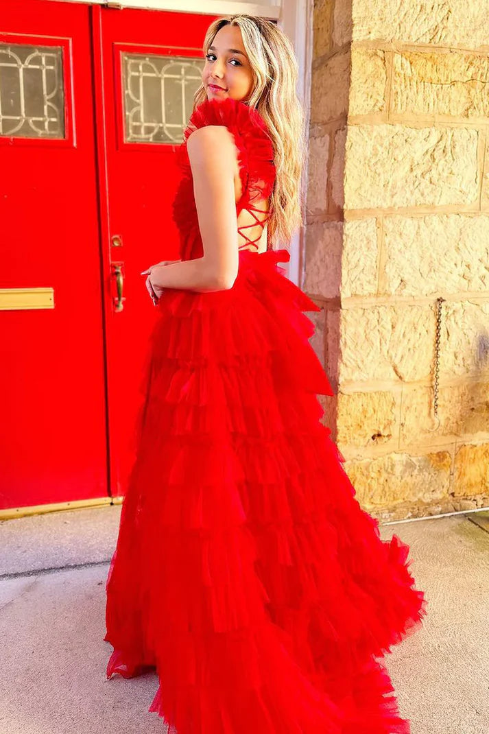 Luolandi Cute Red A-Line Sweetheart Tulle Tiered Long Prom Dress with Slit Charming Evening Dress
