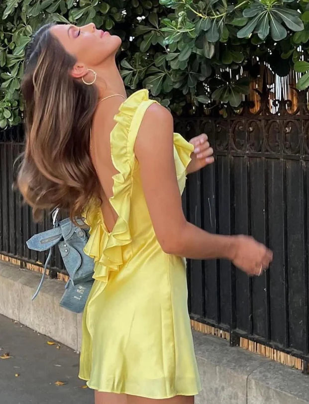 Luolandi Cute Yellow A Line Ruffles Satin Open Back Short Homecoming Dress Outfits Party Dress