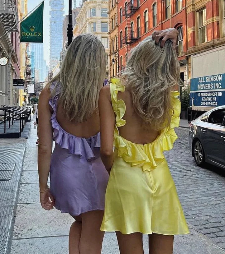 Luolandi Cute Yellow A Line Ruffles Satin Open Back Short Homecoming Dress Outfits Party Dress