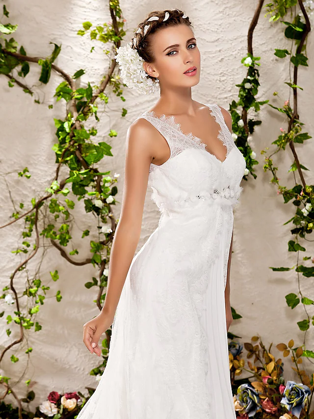 Luolandi Wedding Dresses V Neck Chapel Train Lace Sleeveless Long Pure Color