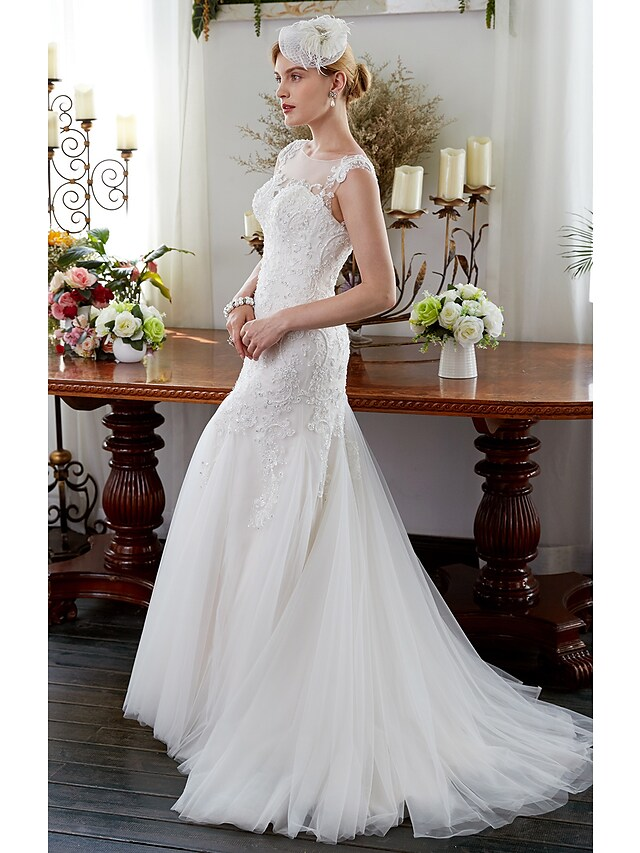 Luolandi Wedding Dresses Illusion Neck Court Train Tulle Sleeveless Sparkle & Shine with Beading