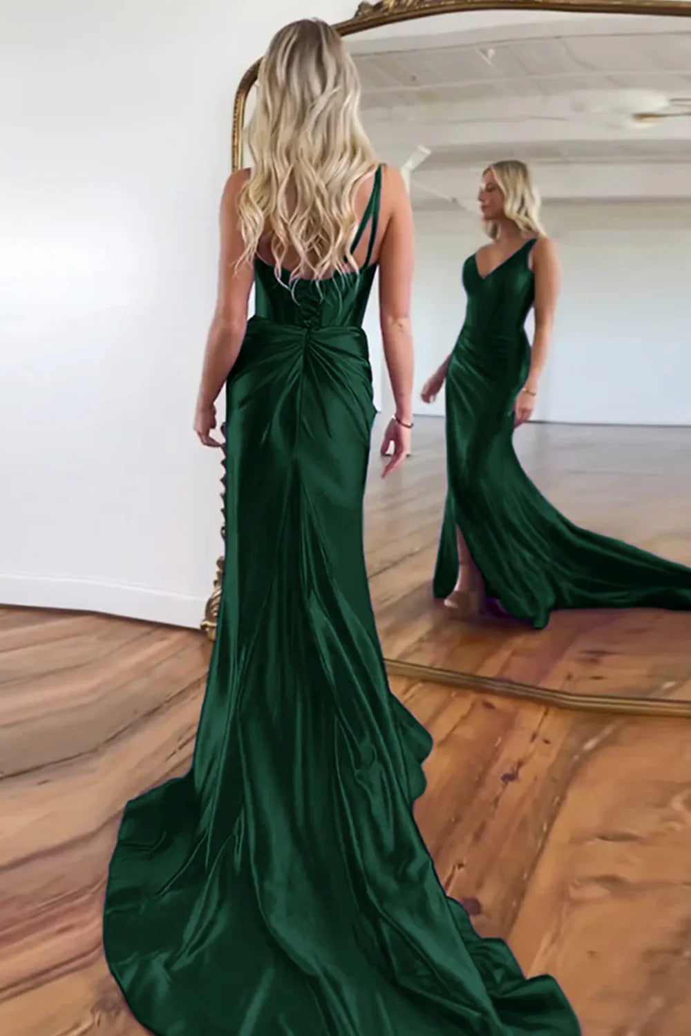 Luolandi Mermaid Dark Green V-Neck Long Prom Dress Solid Color With Slit Sexy Evening Dress