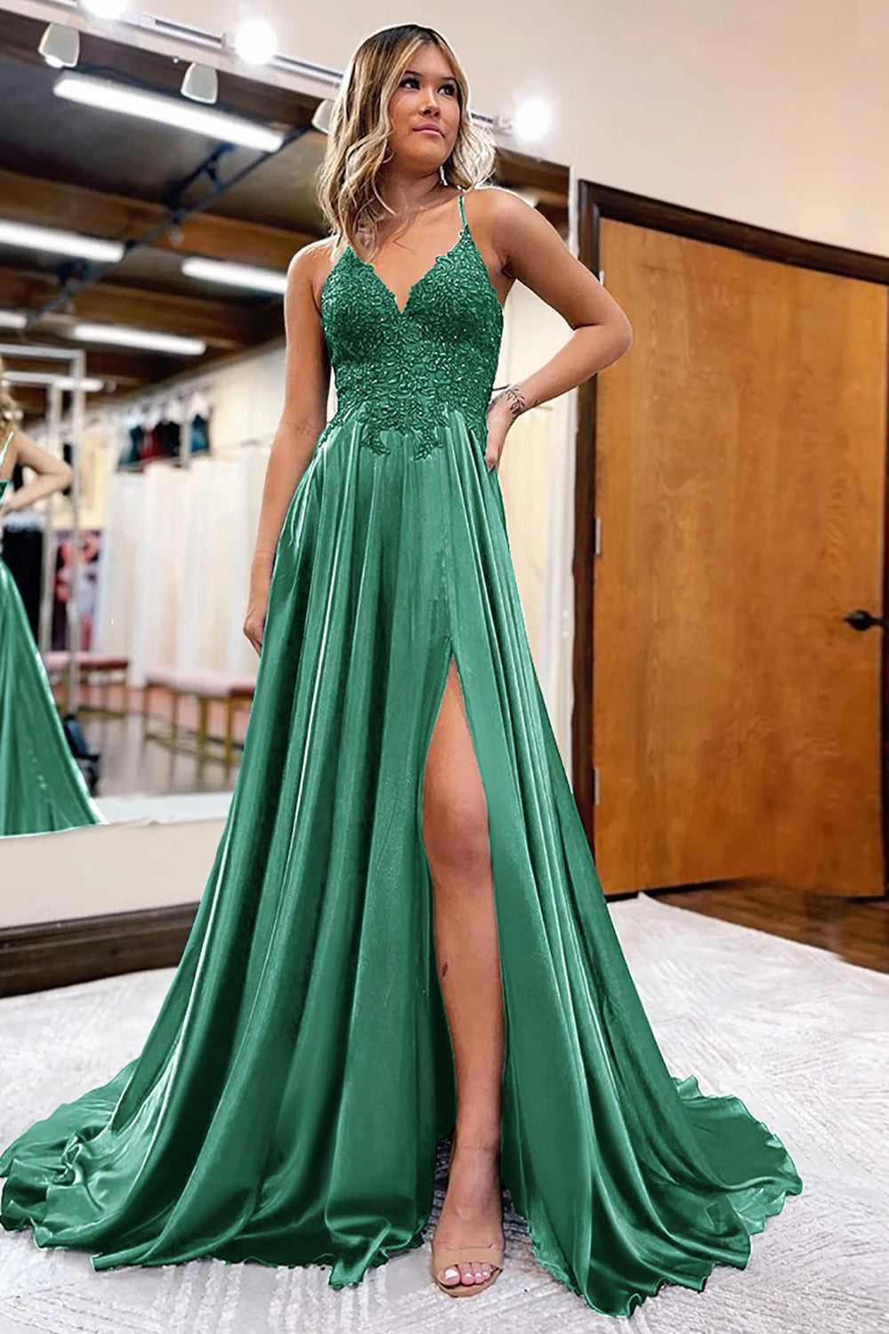 Luolandi Peacock Green Satin A-Line Appliques Prom Dress With Slit Sexy Evening Dress