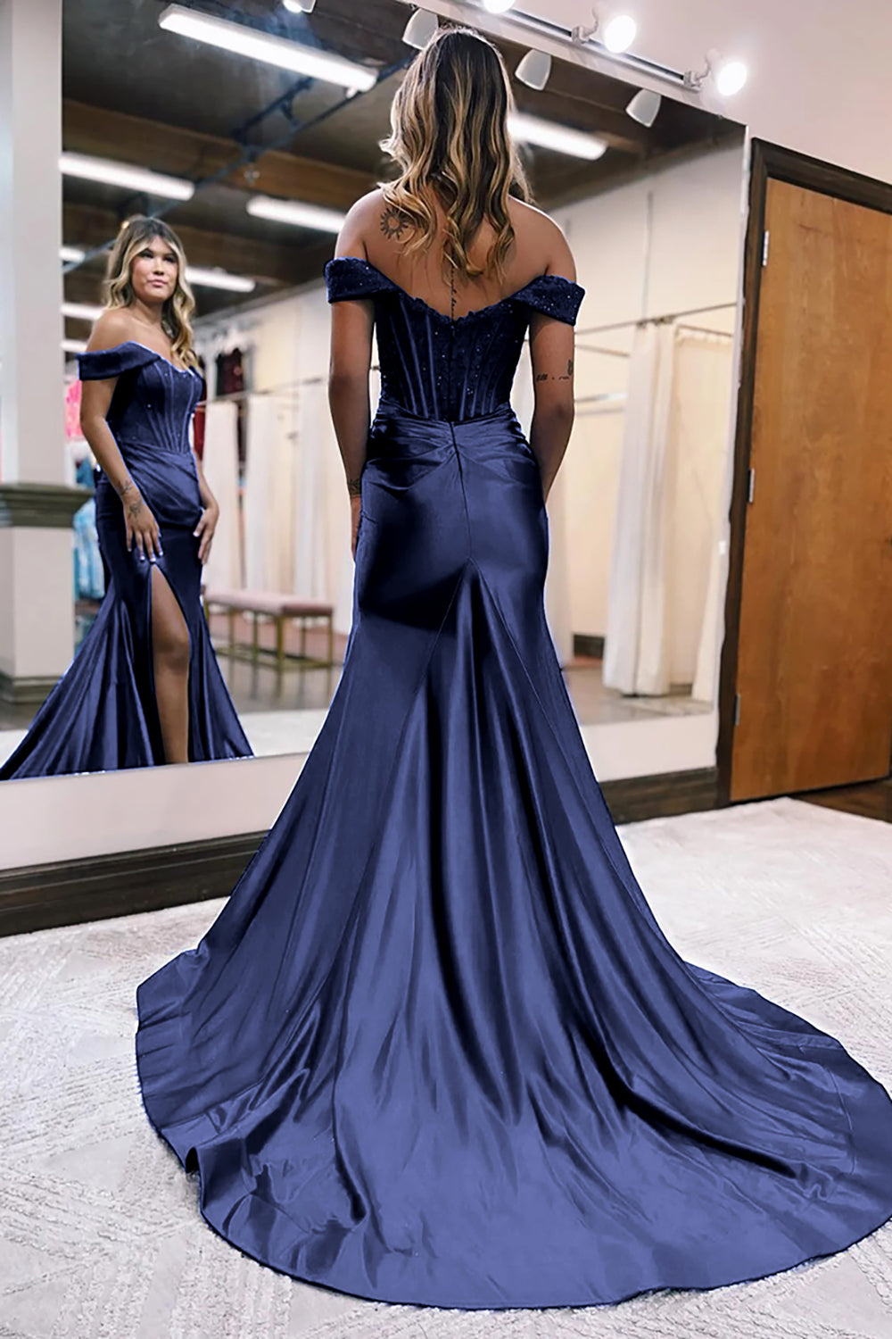 Luolandi Royal Blue Mermaid Off The Shoulder Court Train Long Dress With Split Evening Dress