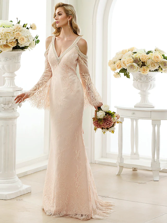 Luolandi Wedding Dresses Plunging Neck Sheer Lace Long Sleeve Wedding Dress in Color Open Back Floral Lace with Bow(s)