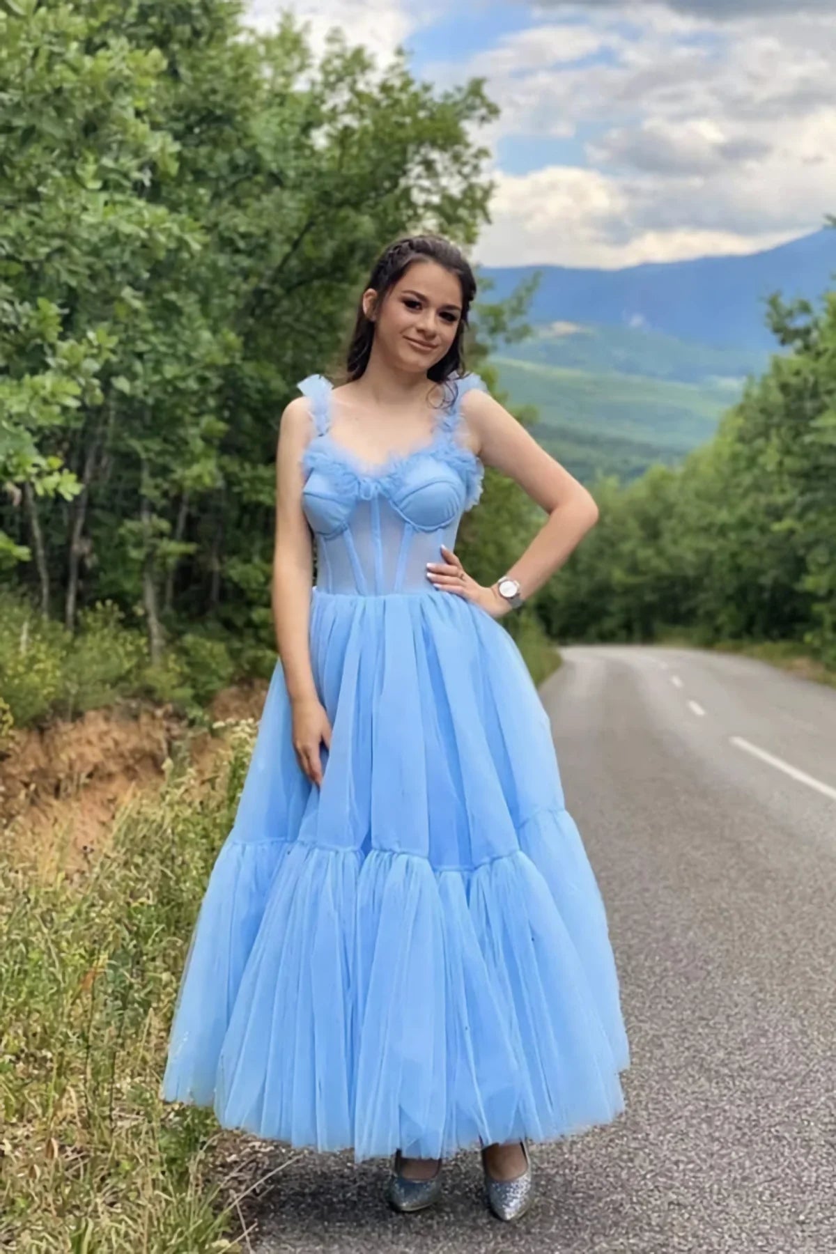 Luolandi Sky Blue Straps Tulle A Line Prom Dress Sweetheart Homecoming Dresses Charming