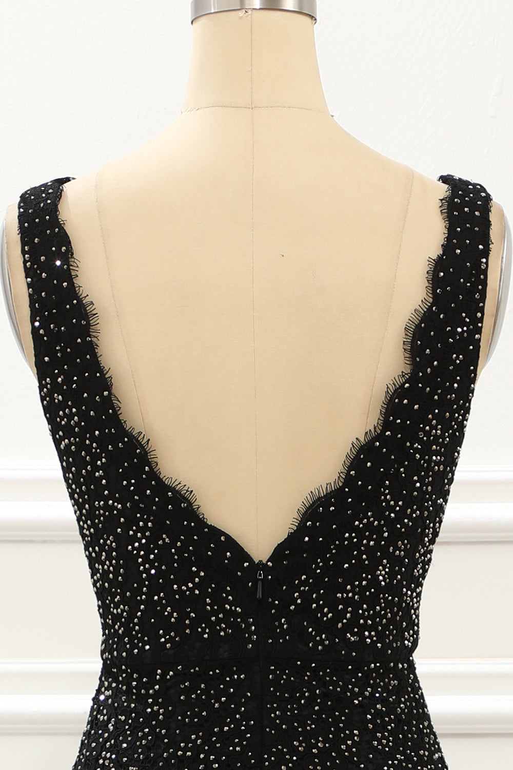 Luolandi Black Deep V Neck Lace Mermaid Prom Dress With Beading Sparkly Evening Dress