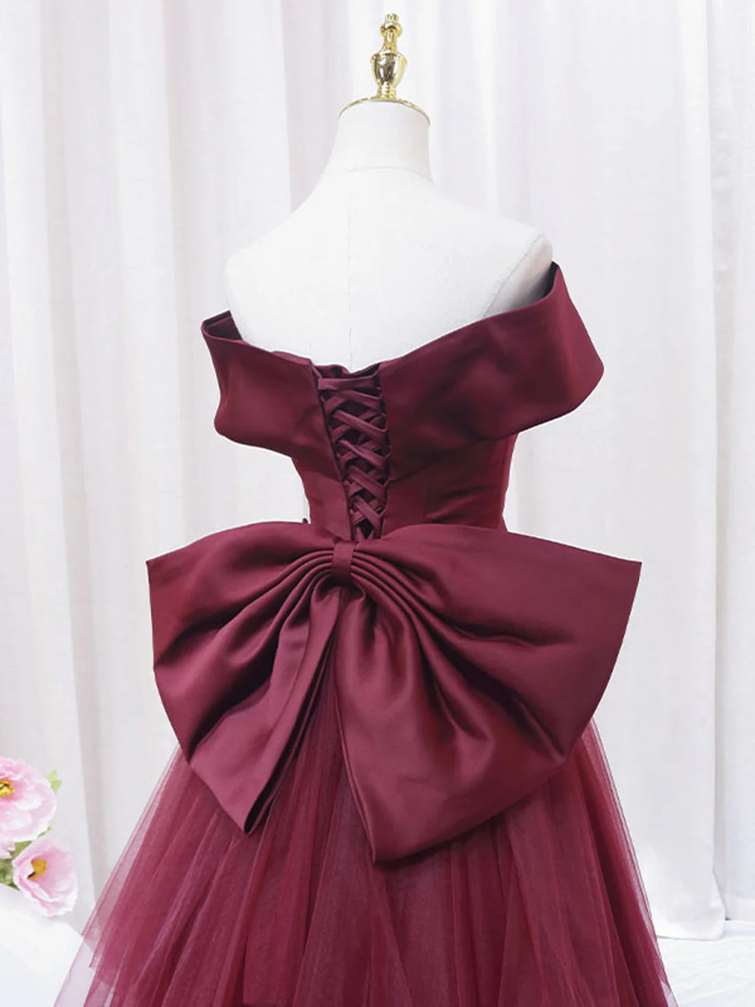 Luolandi Burgundy Mermaid Tulle Long Prom Dress Formal Evening Dress Off Shoulder december wedding guest dress