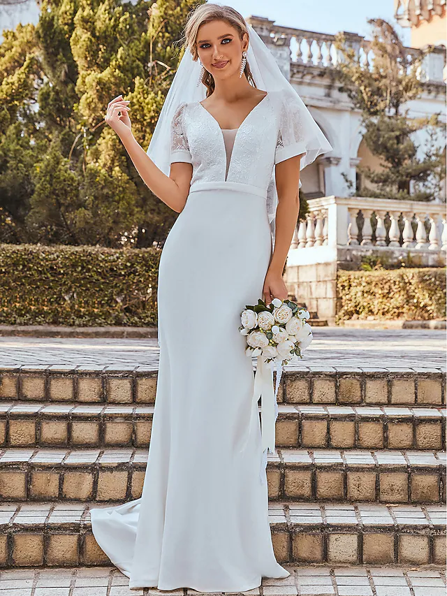 Luolandi Wedding Dresses V Neck Off Shoulder Floor Length Chiffon Short Sleeve Romantic