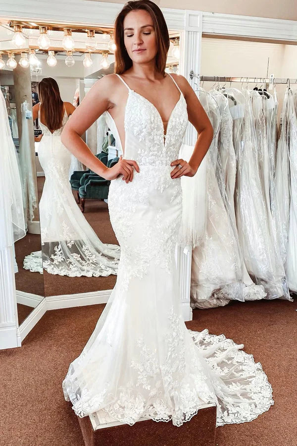 Luolandi Lace Mermaid Backless Long Wedding Dress V-neck Sexy