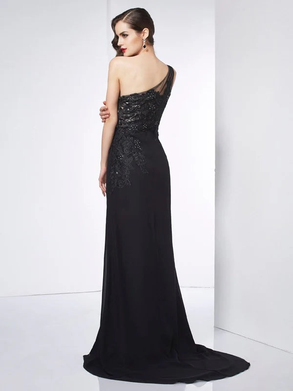 Luolandi Sheath Chiffon One-Shoulder Sleeveless Sweep/Brush Train With Applique Dresses Evening Dress