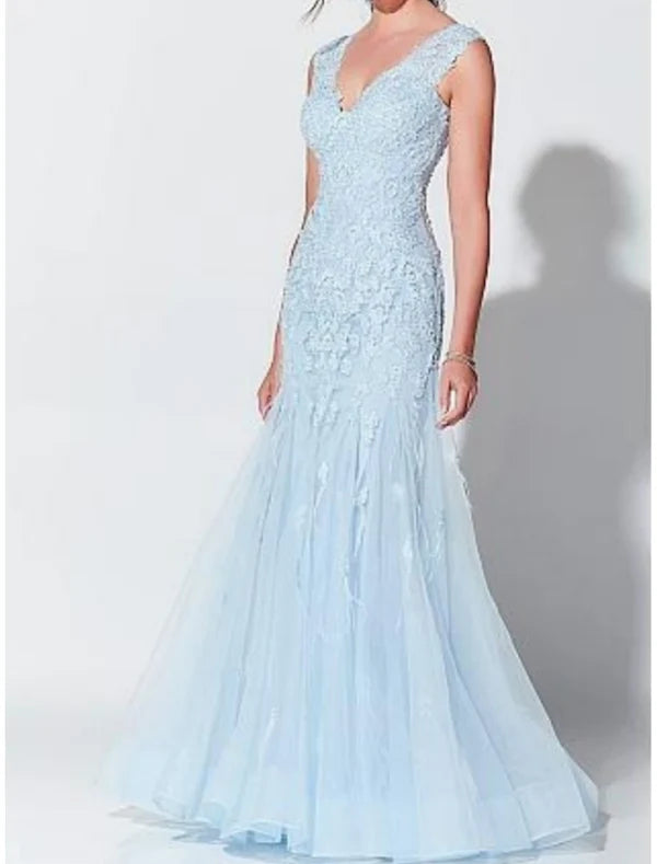 Luolandi Mermaid / Trumpet Elegant Wedding Guest Evening Dress V Neck Sleeveless Floor Length Tulle with Appliques Mother of the Bride Dress