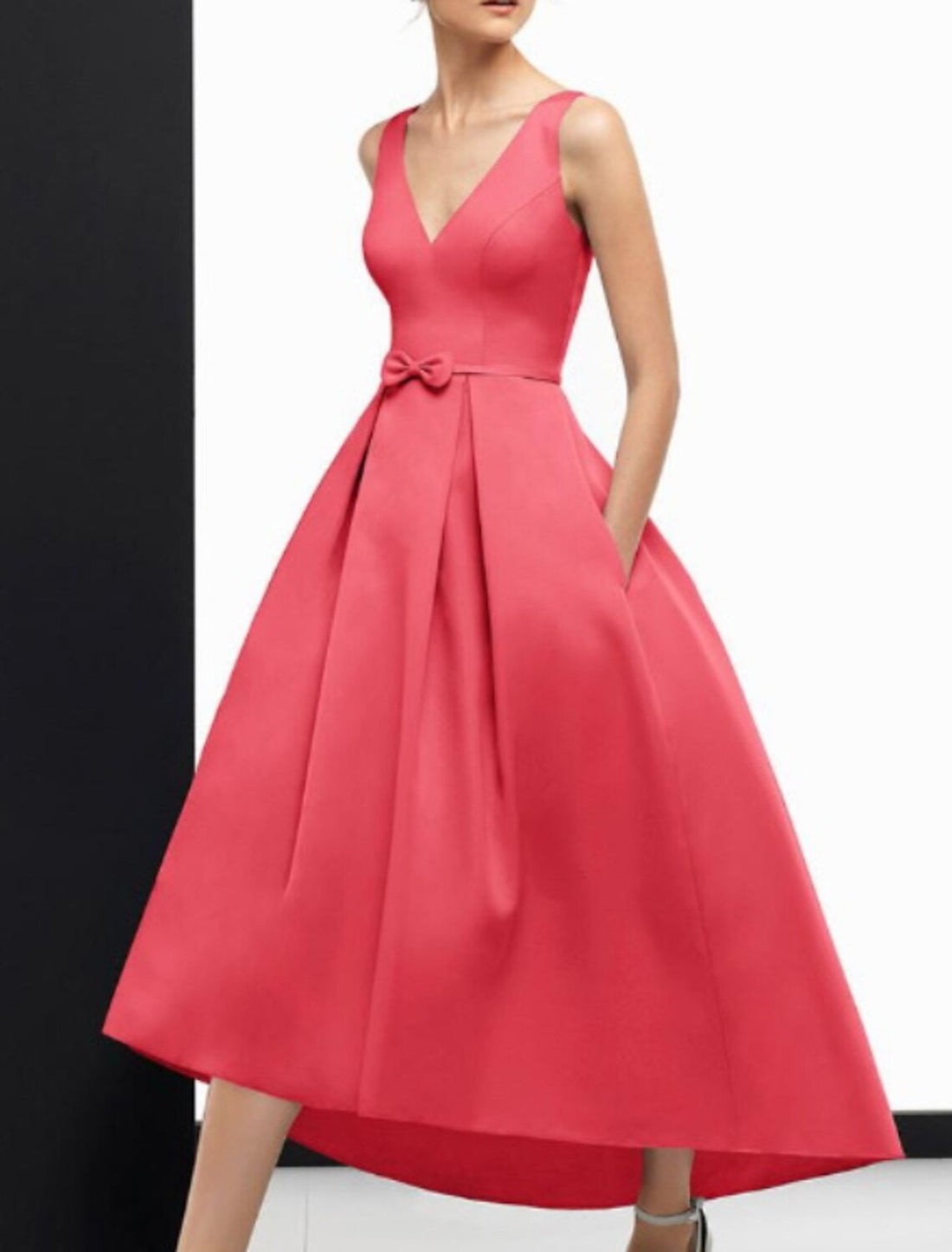 Luolandi A-Line Evening Gown Vintage Dress Wedding Guest Ankle Length Sleeveless V Neck Pocket Satin with Pocket And Bow(s)