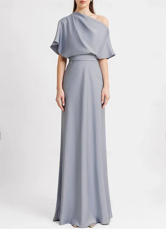 Luolandi A-Line Evening Gown Wedding Guest Floor Length Sleeveless One Shoulder Satin with Pleats