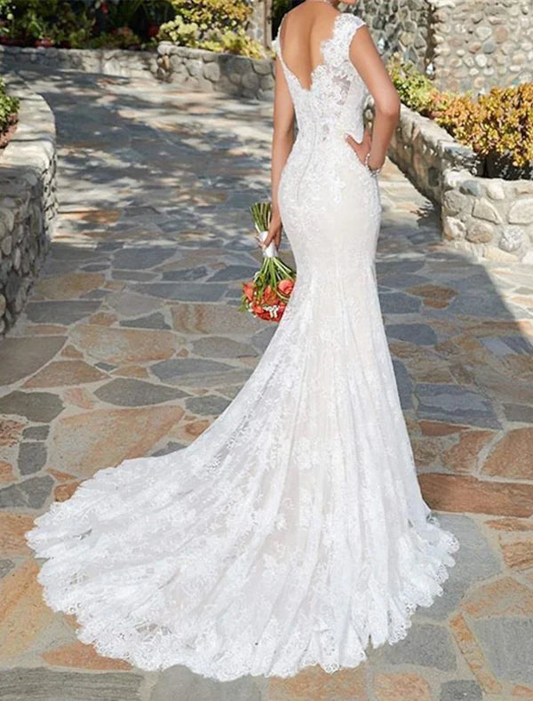 Luolandi Formal Wedding Dresses Mermaid / Trumpet V Neck Cap Sleeve Court Train Lace Bridal Gowns With Appliques Elegant