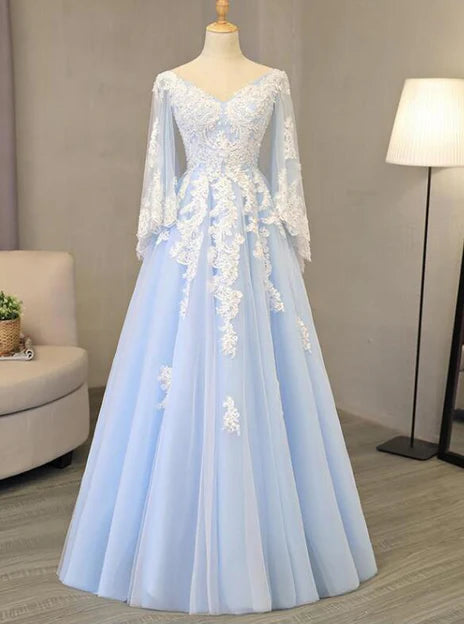 Luolandi Charming Light Blue Tulle V-neckline Long Party Dress Prom Dress Elegant Evening Dress
