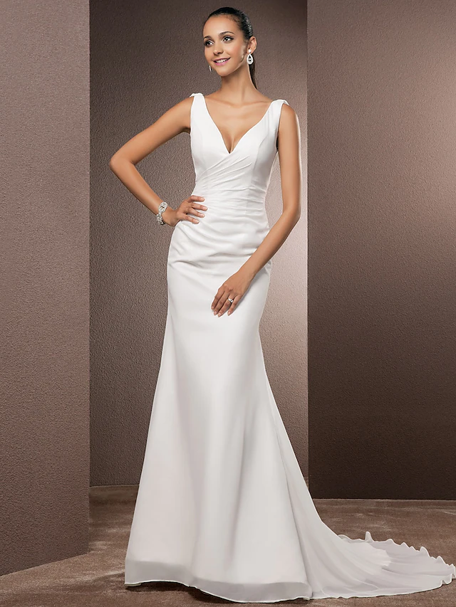 Luolandi Wedding Dresses V Neck Court Train Chiffon Over Satin Regular Straps Vintage Backless Elegant