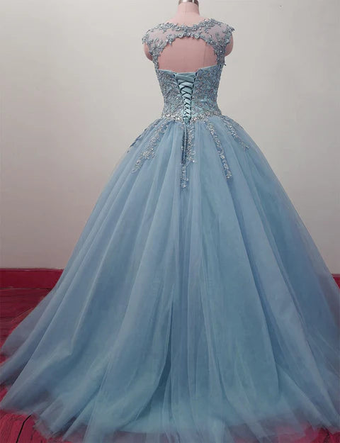 Luolandi Charming Blue Tulle Long Ball Gown Sweet 16 Dress with Lace Formal Gown Prom Dress