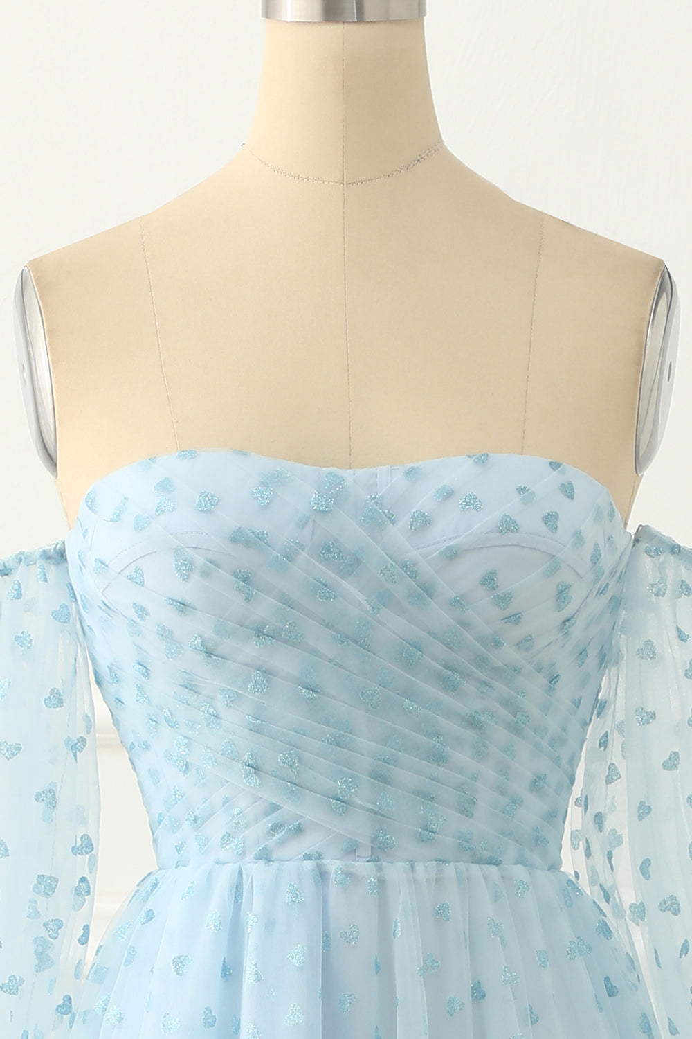 Luolandi Sky Blue Tulle Off The Shoulder Long Prom Dress Floor Length With Sleeves