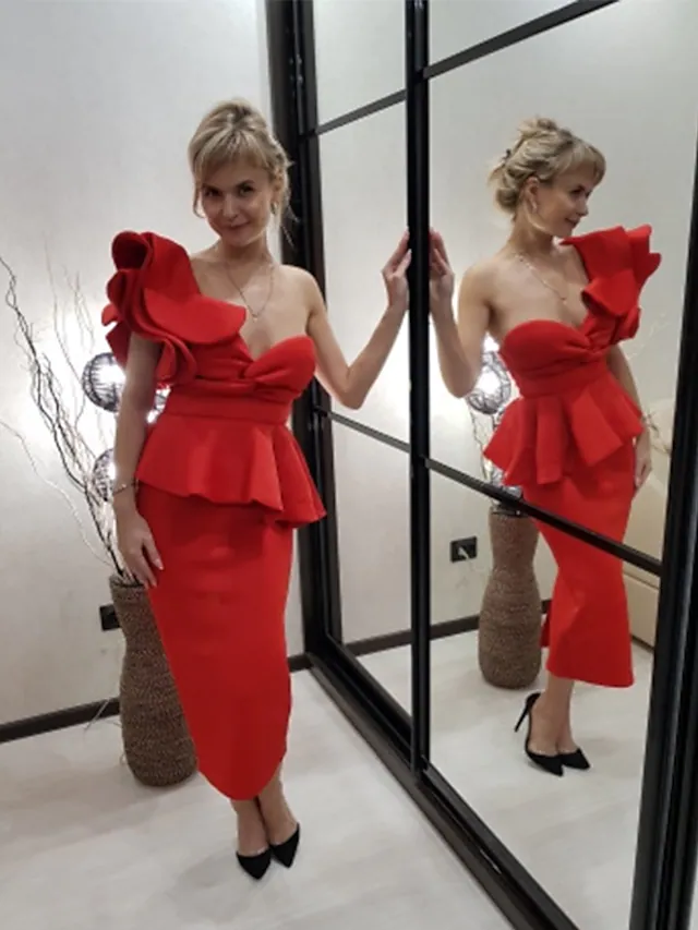 Luolandi Beautiful Back Sexy Party Wear Cocktail Party Dress One Shoulder Sleeveless Tea Length Spandex