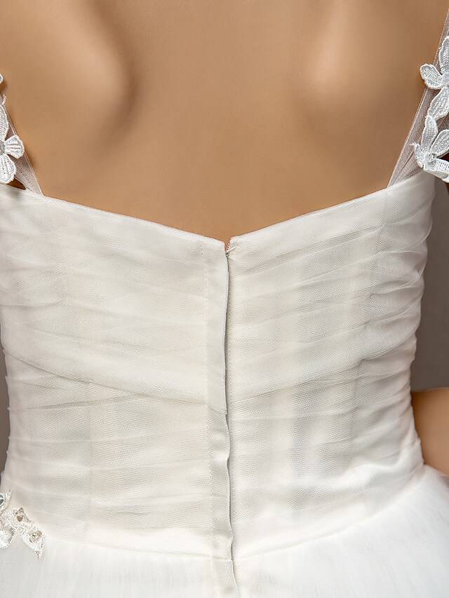 Luolandi Ball Gown Wedding Dresses Square Neck Court Train Tulle Short Sleeve with Ruched Flower