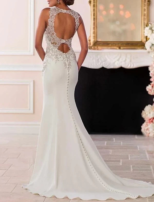 Luolandi Engagement Open Back Formal Wedding Dresses Mermaid / Trumpet Illusion Neck Sleeveless Court Train Lace Bridal Gowns With Appliques