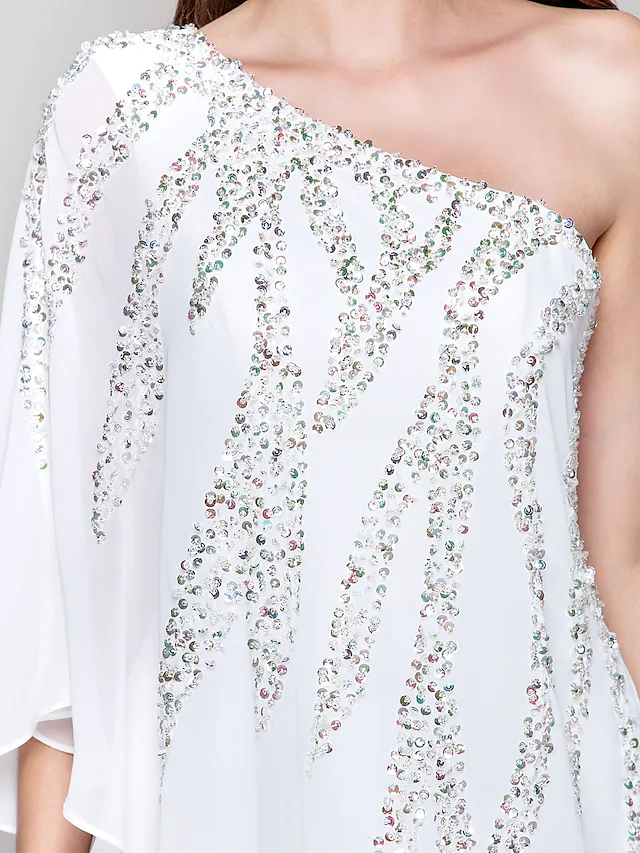 Luolandi Sparkle Wedding Guest Cocktail Party Dress One Shoulder Sleeveless Knee Length Chiffon