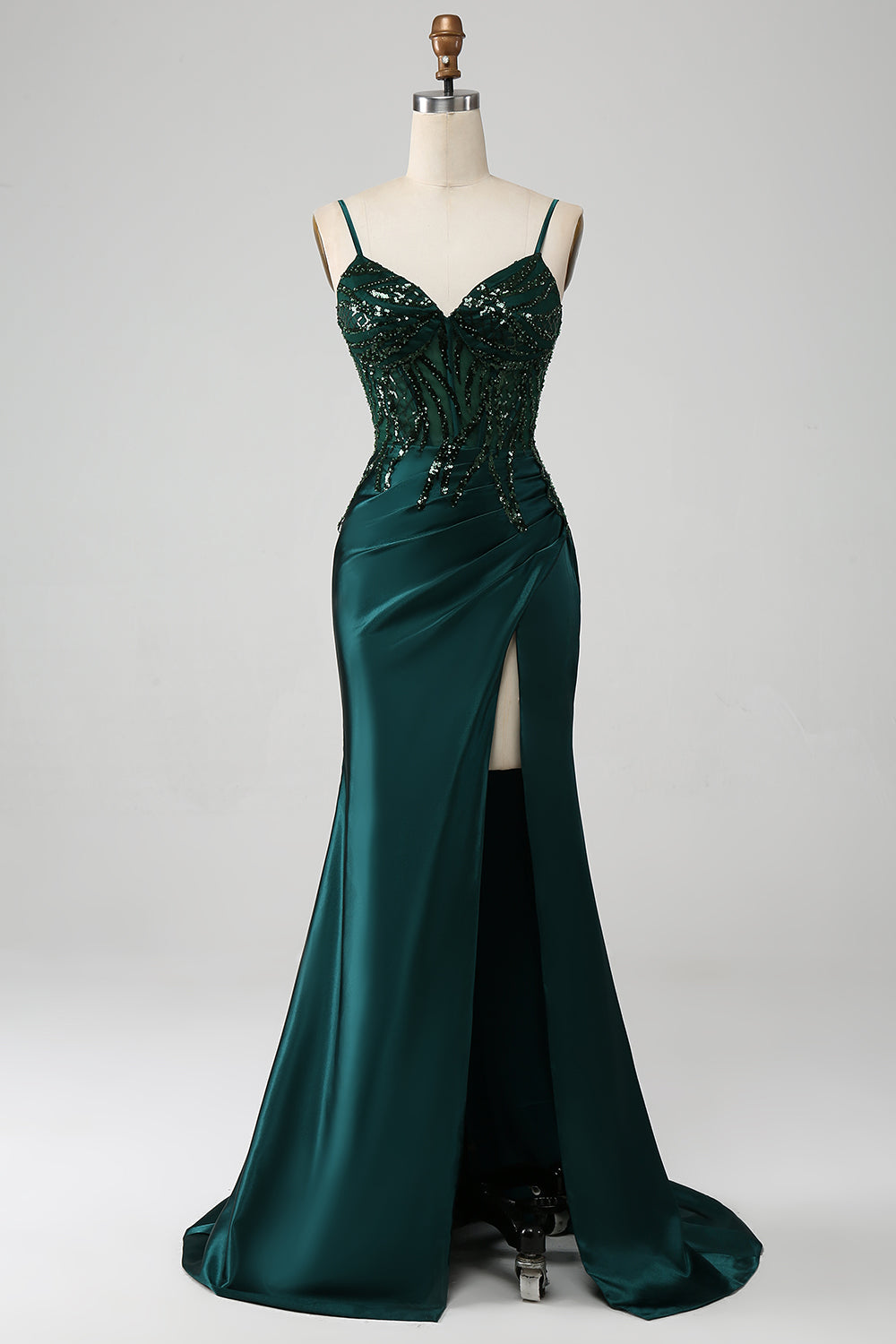 Luolandi Dark Green Mermaid Spaghetti Straps Pleated Sequin Prom Dress With Slit Sexy Evening Dresses