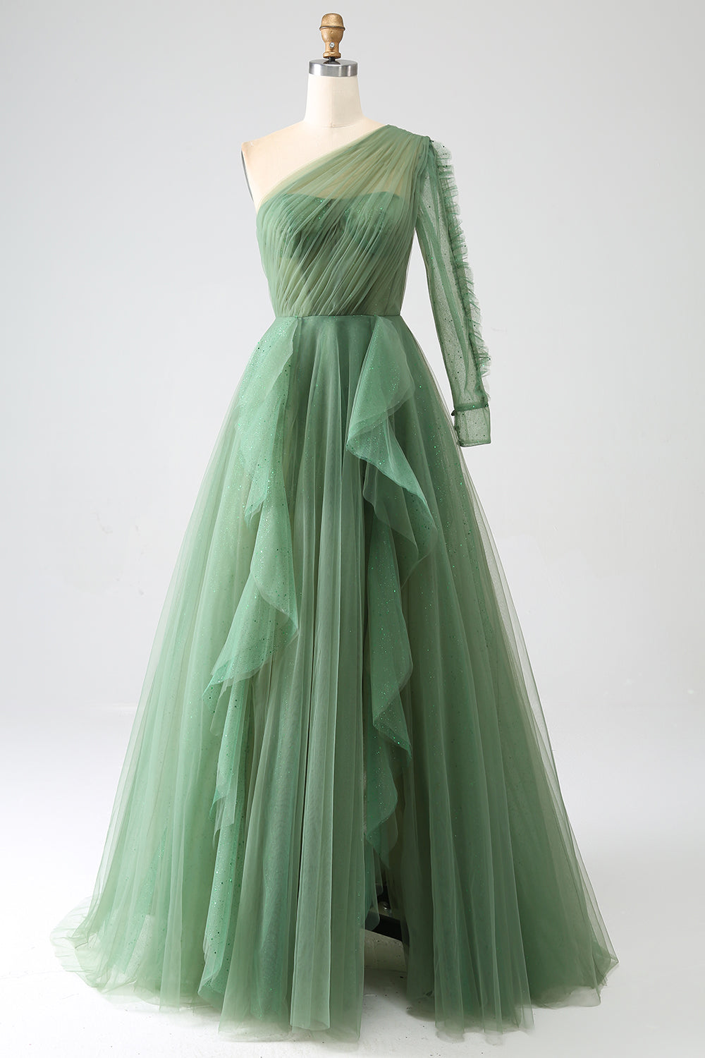 Luolandi Dark Green A-Line One-Shoulder Long Tulle Prom Dress With Long Sleeves Floor Length