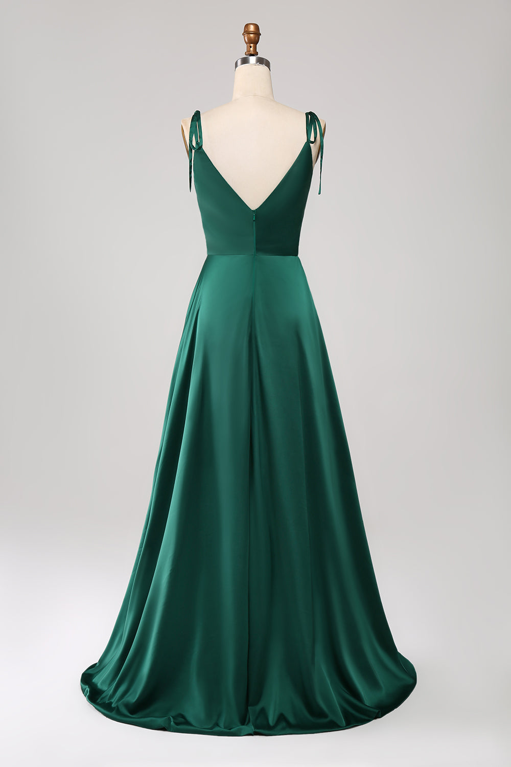 Luolandi A-Line Spaghetti Straps Pleated Satin Long Dark Green Maxi Dress With Slit Party Dresses