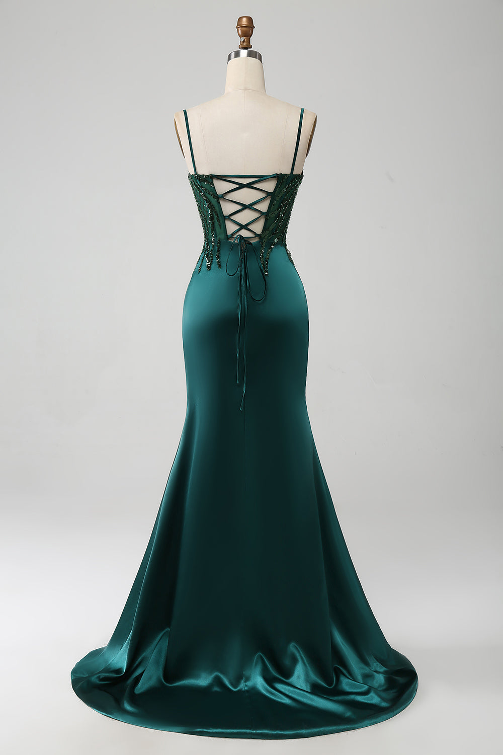 Luolandi Dark Green Mermaid Spaghetti Straps Pleated Sequin Prom Dress With Slit Sexy Evening Dresses