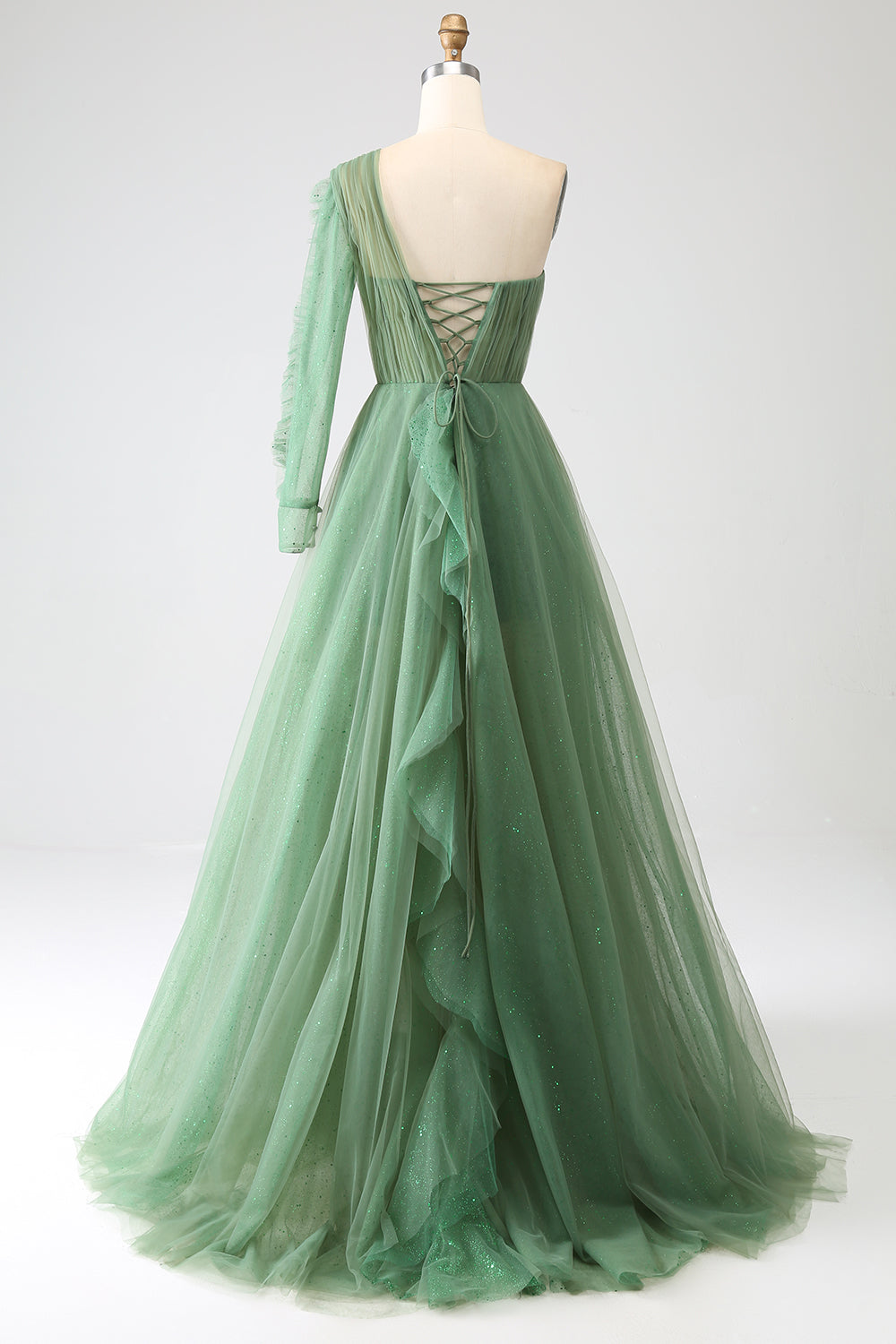 Luolandi Dark Green A-Line One-Shoulder Long Tulle Prom Dress With Long Sleeves Floor Length