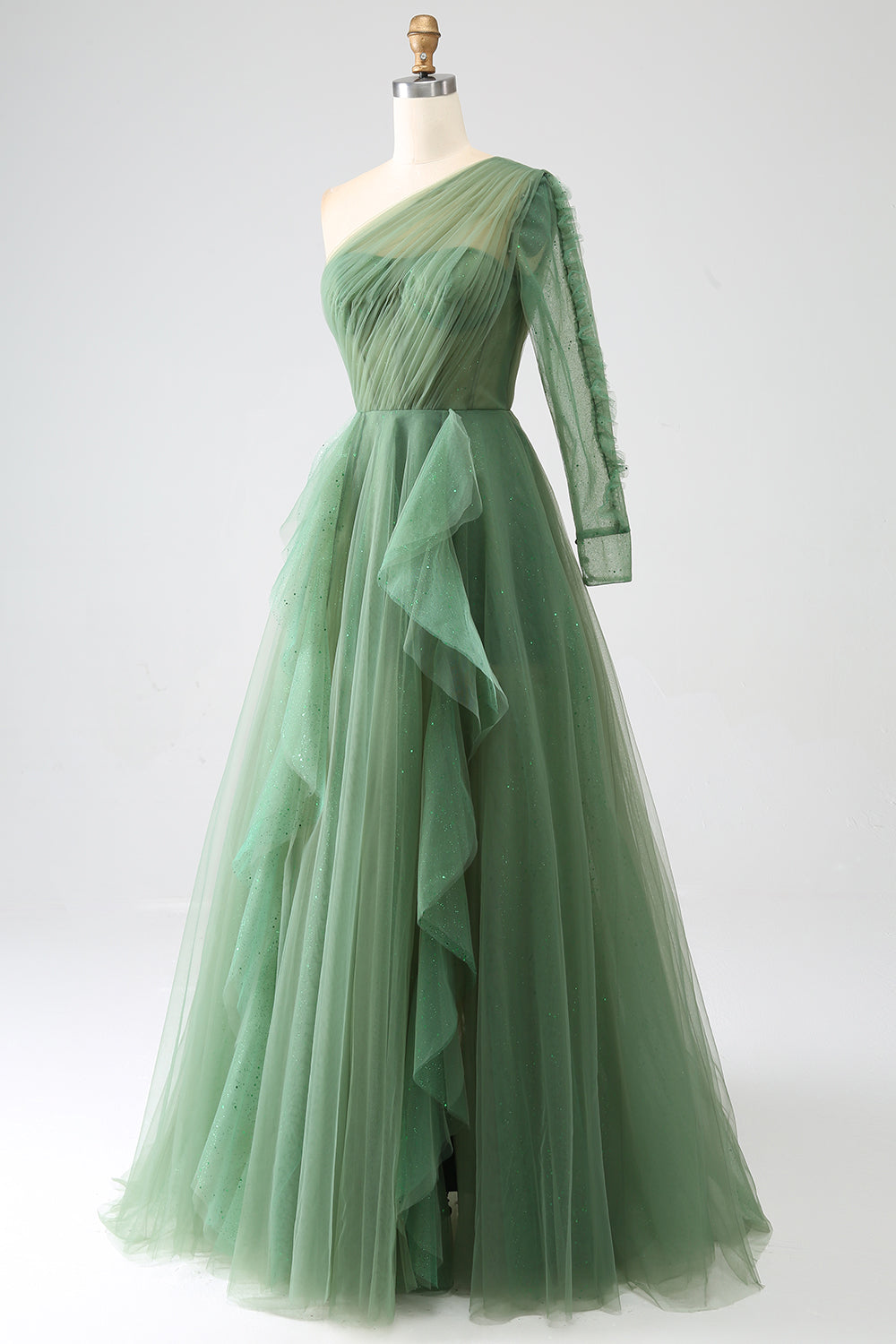 Luolandi Dark Green A-Line One-Shoulder Long Tulle Prom Dress With Long Sleeves Floor Length