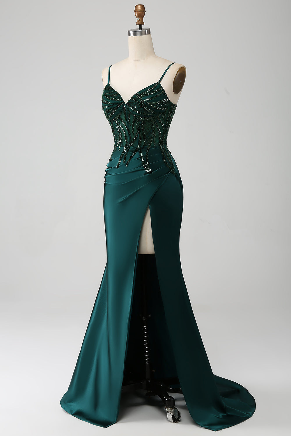 Luolandi Dark Green Mermaid Spaghetti Straps Pleated Sequin Prom Dress With Slit Sexy Evening Dresses