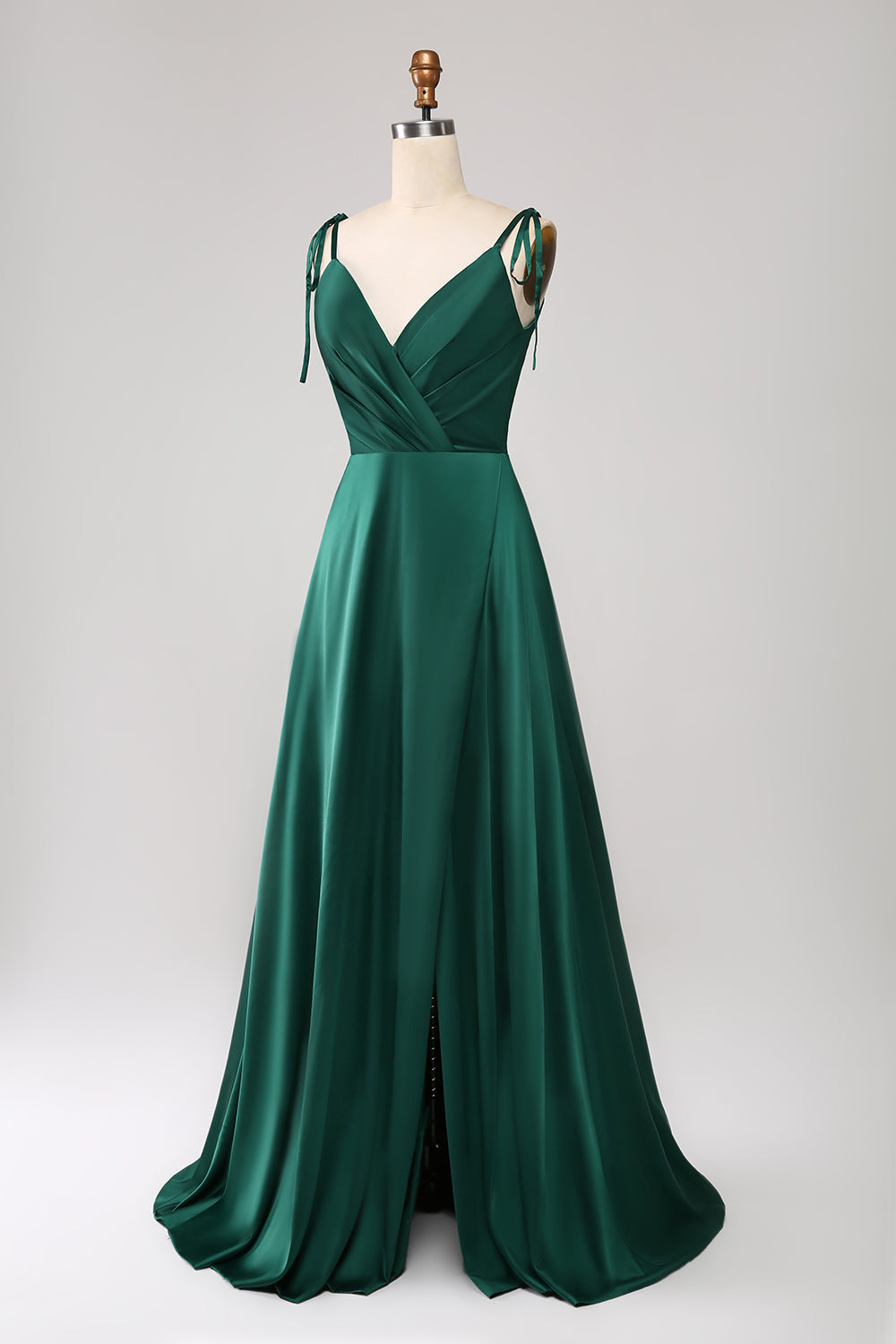 Luolandi A-Line Spaghetti Straps Pleated Satin Long Dark Green Maxi Dress With Slit Party Dresses