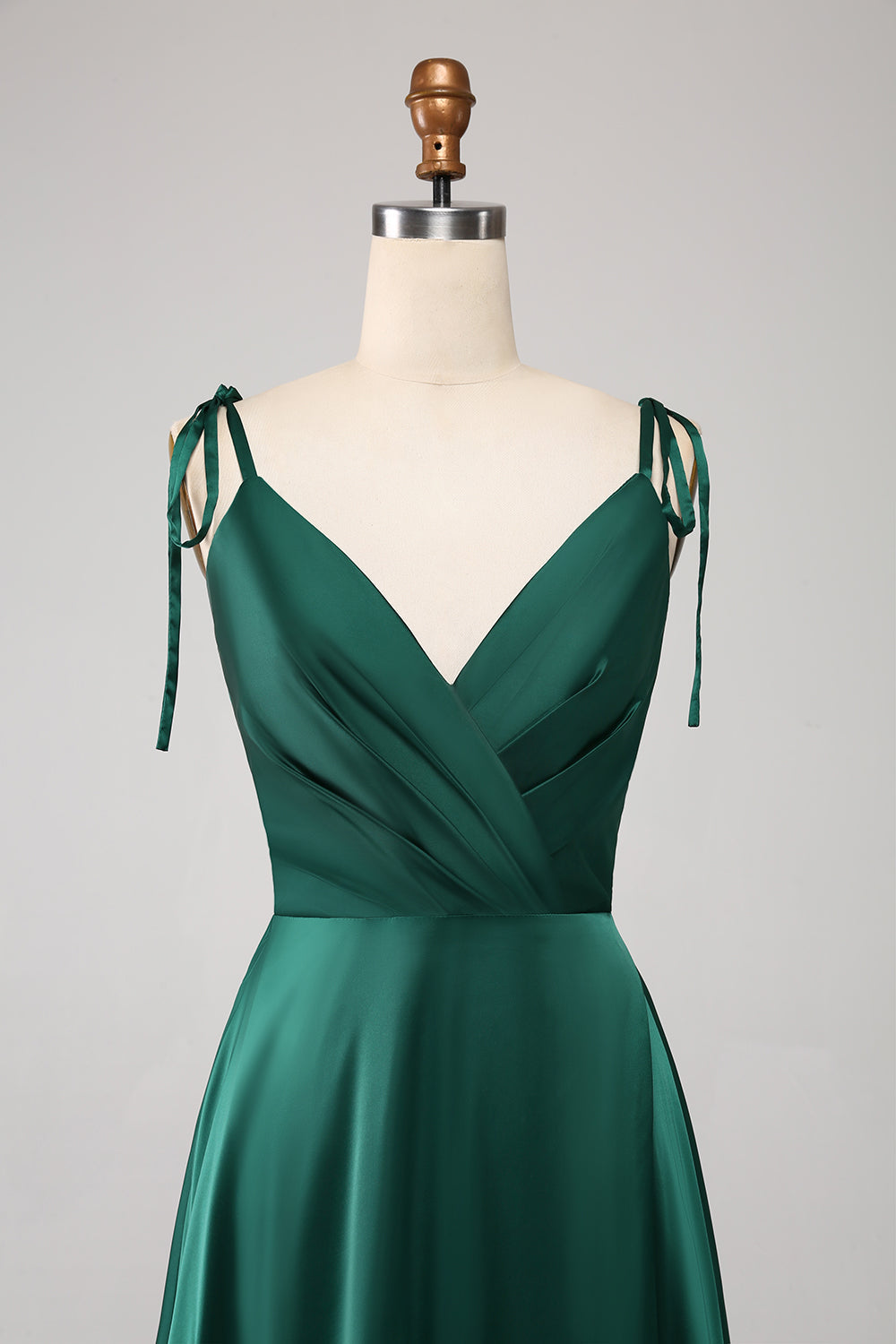 Luolandi A-Line Spaghetti Straps Pleated Satin Long Dark Green Maxi Dress With Slit Party Dresses