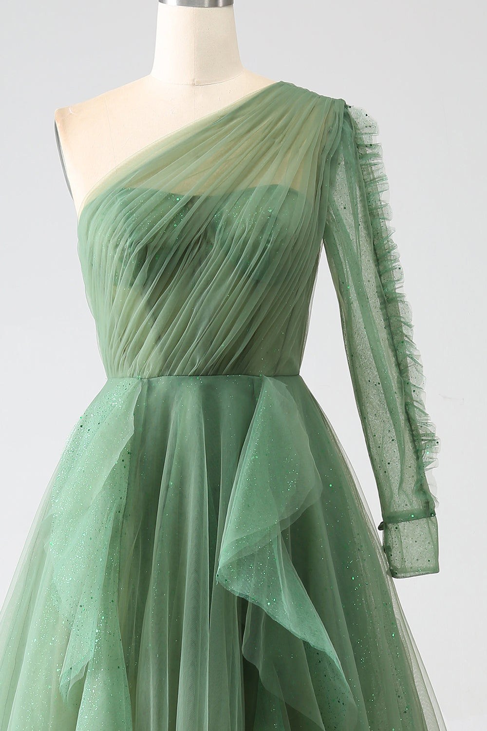 Luolandi Dark Green A-Line One-Shoulder Long Tulle Prom Dress With Long Sleeves Floor Length