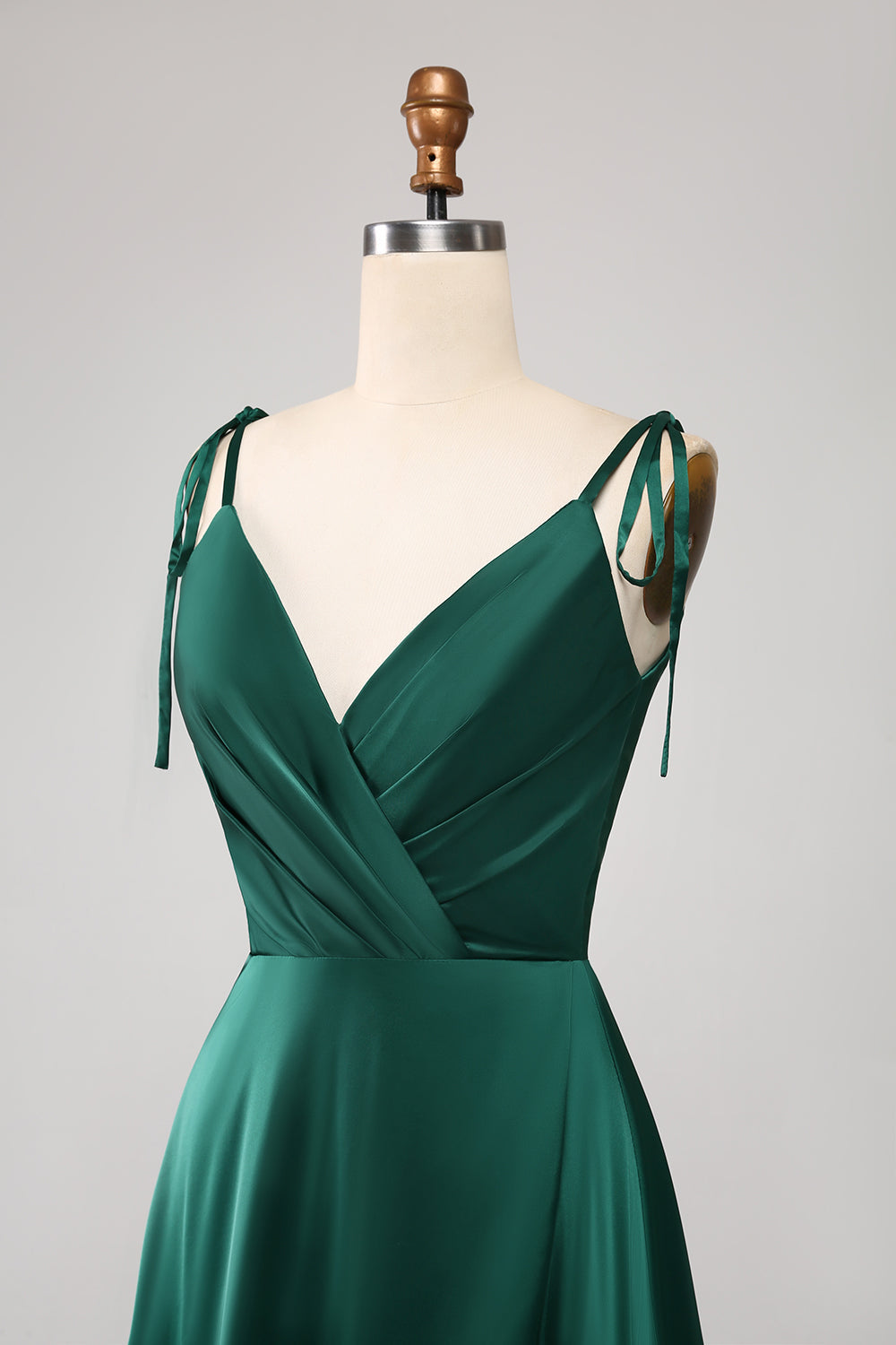 Luolandi A-Line Spaghetti Straps Pleated Satin Long Dark Green Maxi Dress With Slit Party Dresses