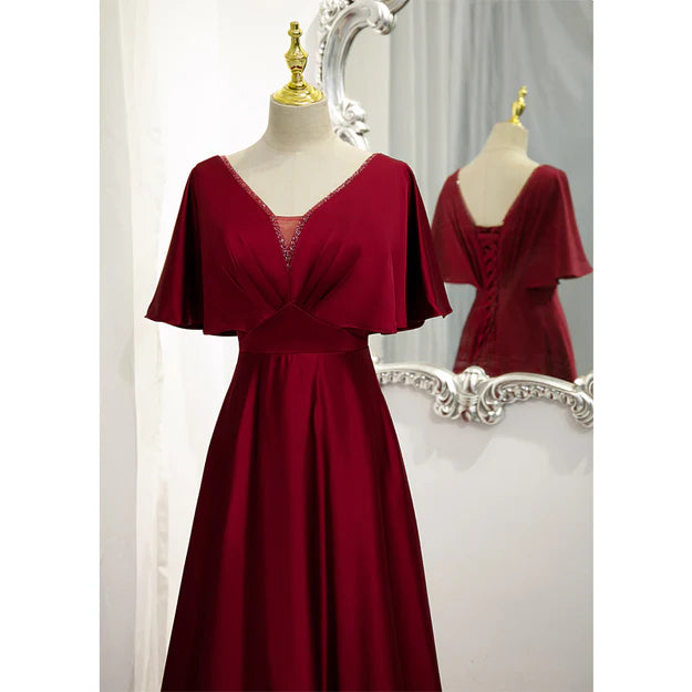 Luolandi Dark Red Satin A-line Floor Length Evening Dress Wine Red Wedding Party Dress Formal Dress