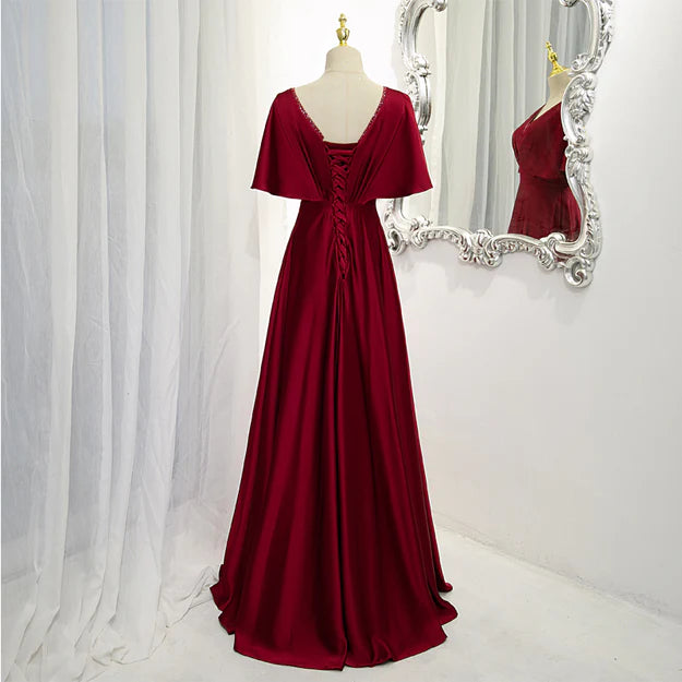 Luolandi Dark Red Satin A-line Floor Length Evening Dress Wine Red Wedding Party Dress Formal Dress