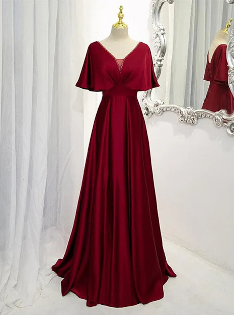Luolandi Dark Red Satin A-line Floor Length Evening Dress Wine Red Wedding Party Dress Formal Dress