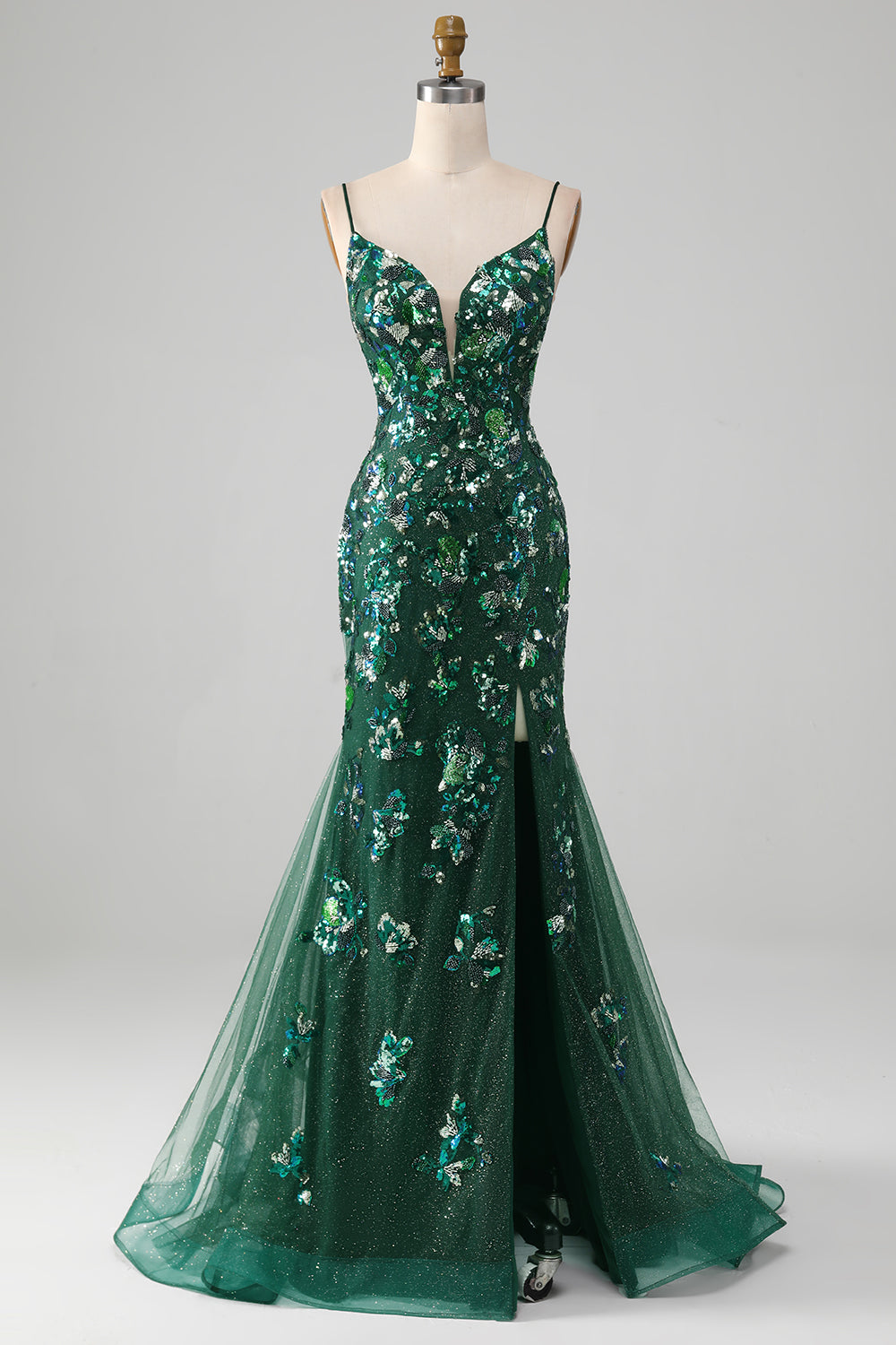Luolandi Dark Green Mermaid Lace-Up Back Prom Dress with Butterflies Appliques Sexy
