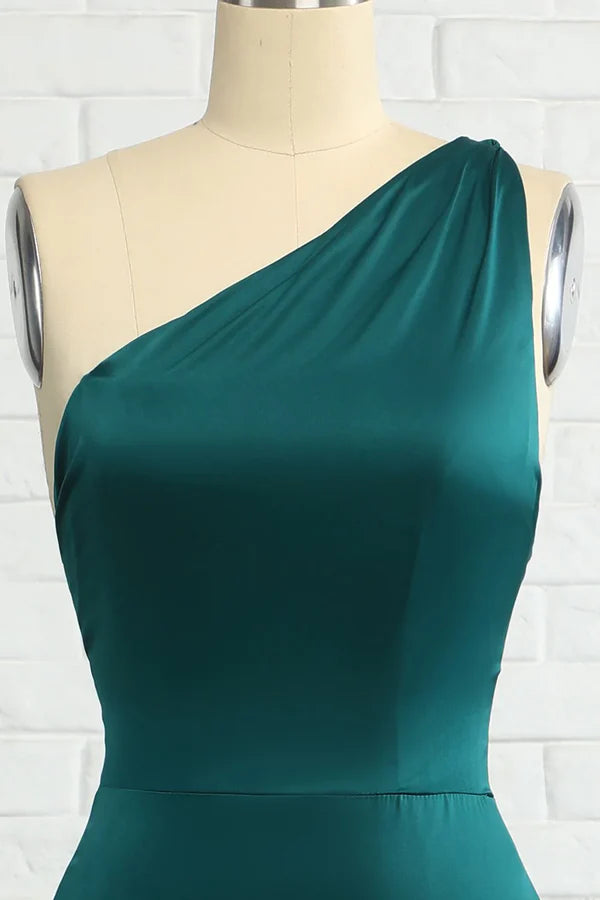 Luolandi Fish tail one shoulder deep green long bridesmaid dress Solid Color