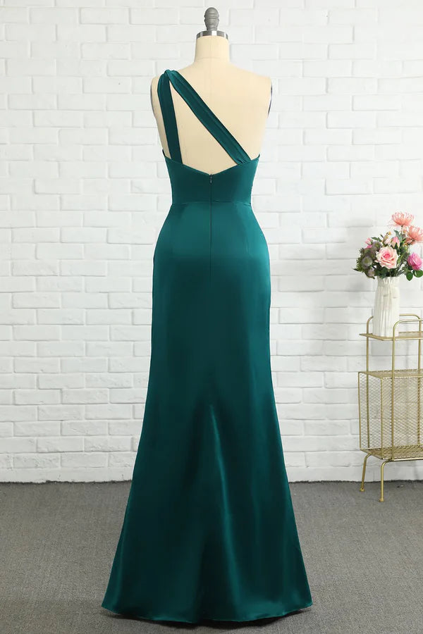 Luolandi Fish tail one shoulder deep green long bridesmaid dress Solid Color