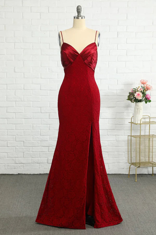 Luolandi Lace deep red bridesmaid dress With Slit Sexy Evening Dress