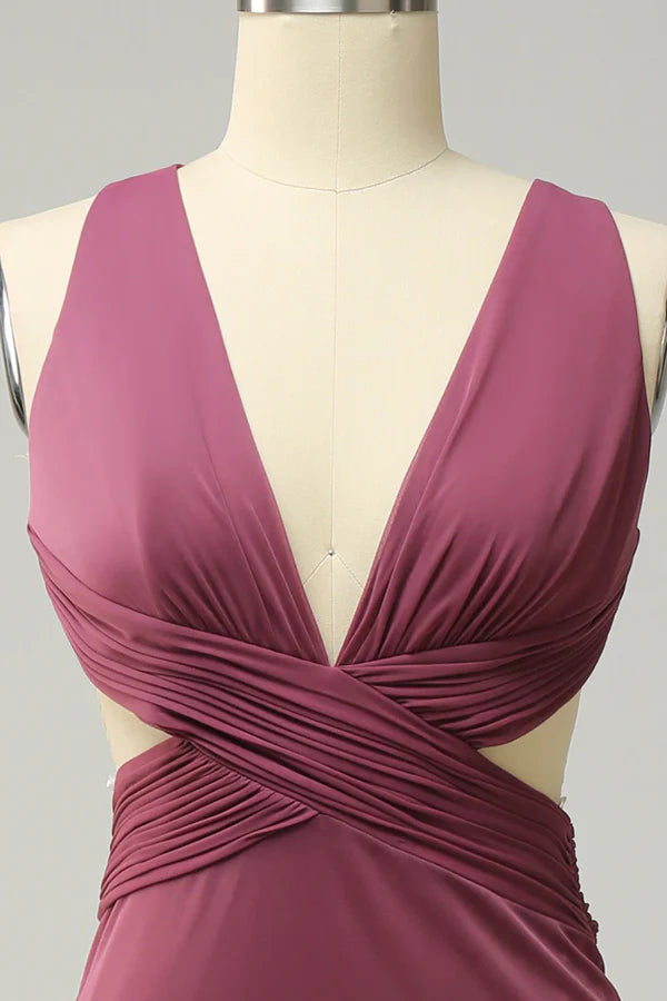 Luolandi Tight deep V-neck desert rose long oversized front slit bridesmaid dress Sexy Party Dress