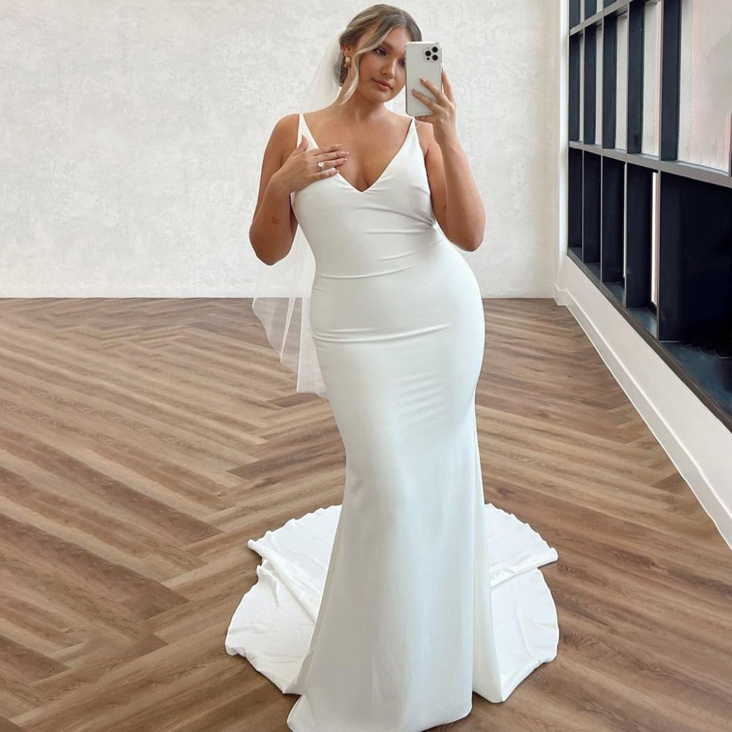 Luolandi Plus Size Detachable Drape Back V-neck Trumpet Satin Wedding Dresses Sexy